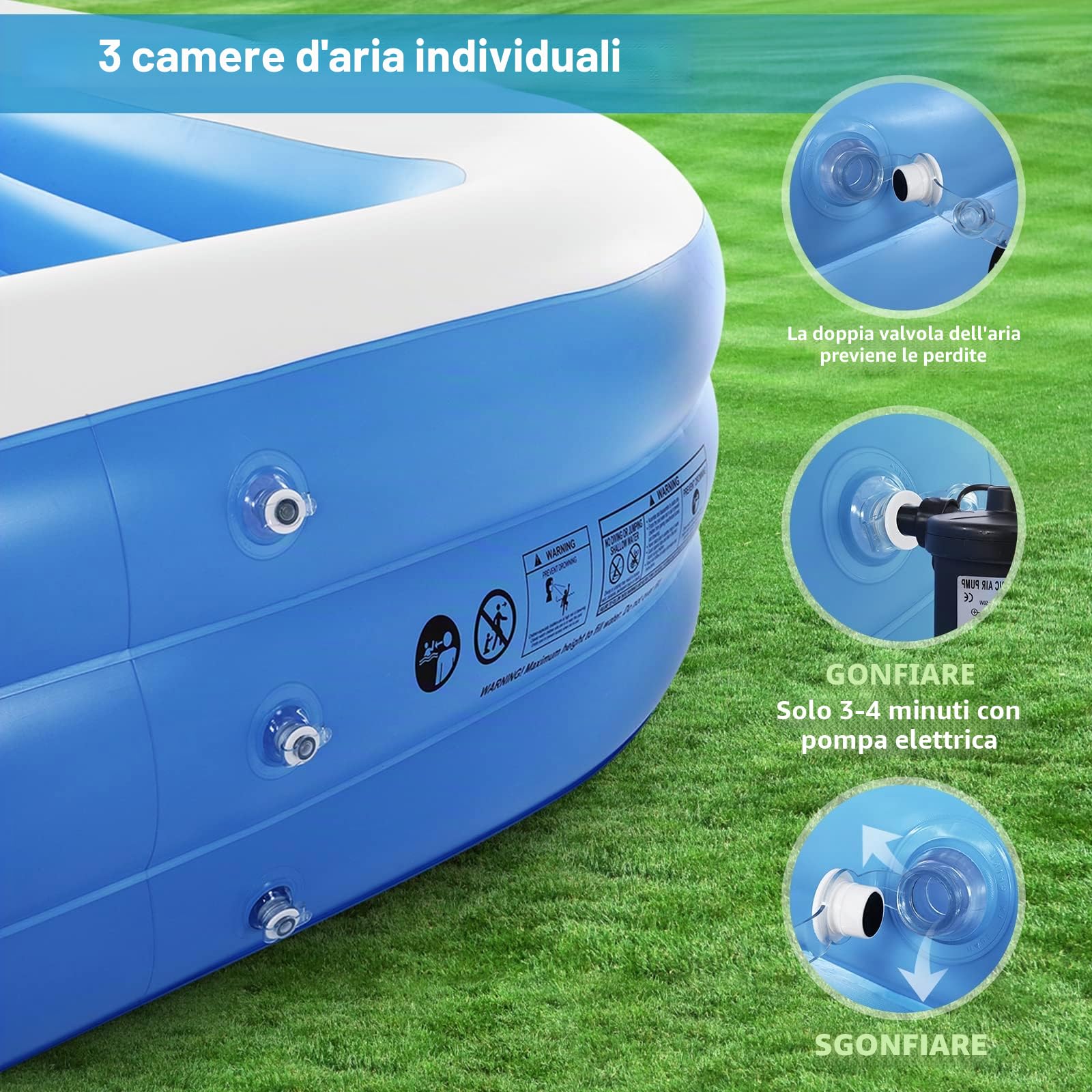 Duerer Piscina Gonfiabile Bambini con Adulti Rettangolare 305cm x 182cm x 56cm, Piscine fuori terra, Piscina per Famiglie per Cortile, Festa Estiva in Acqua, all'aperto Giardino swimming pool