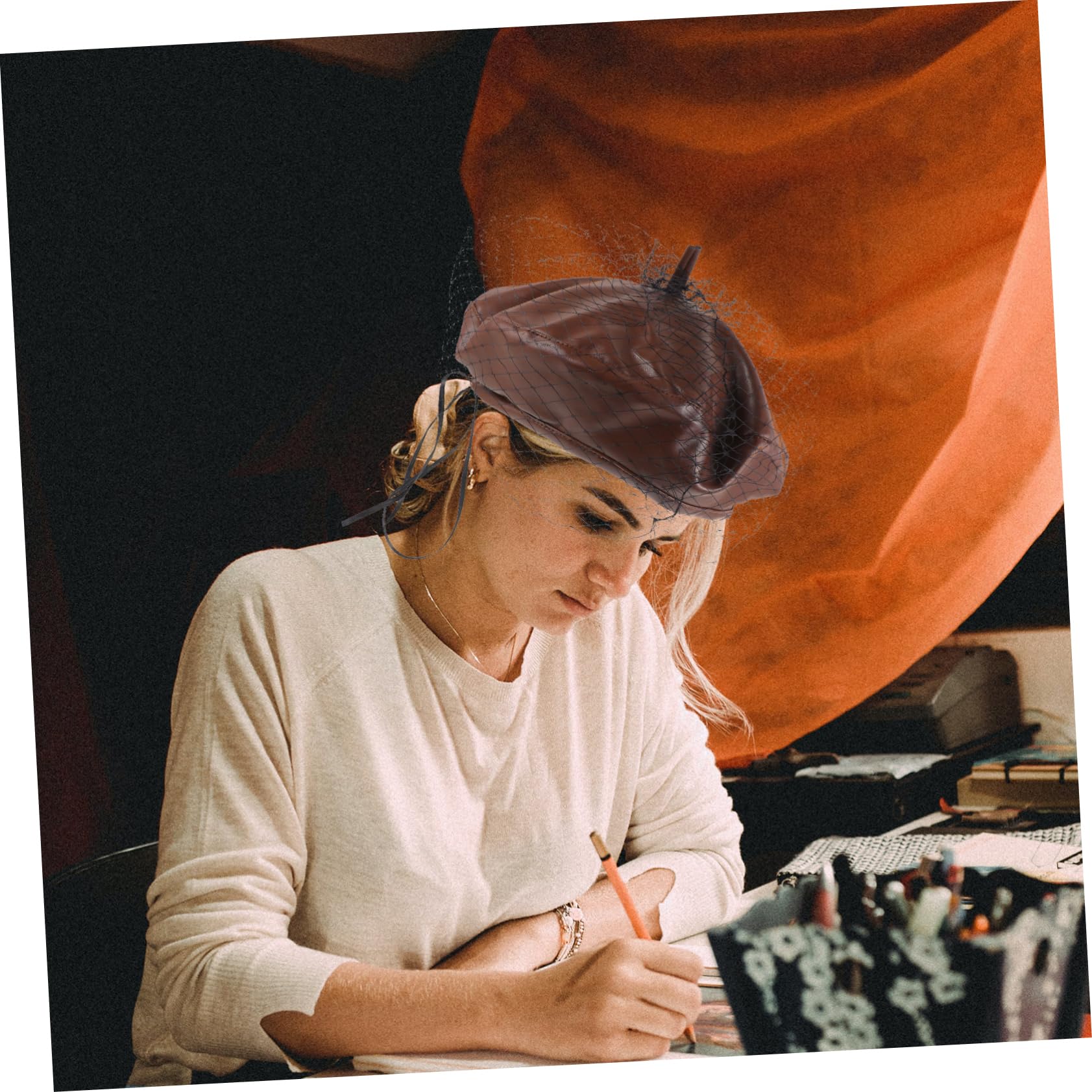 Ipetboom Fashionable Women Beret Hat Artist Hat Satin for Women Decorative Beret Veil Brown