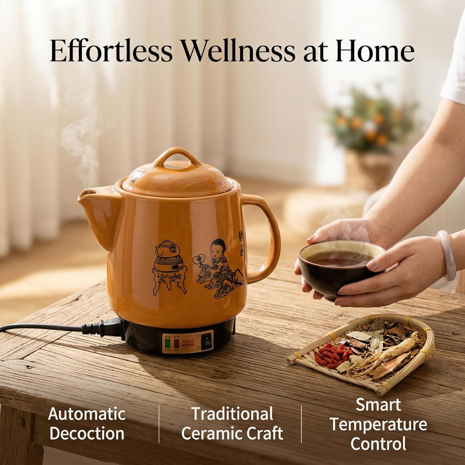 4L Automatic Electric Chinese Medicine Pot Ceramic Herbal Decoction Cooker with Intelligent Temperature Control Audible Reminder Heat Preservation Health Pot (Yellow)