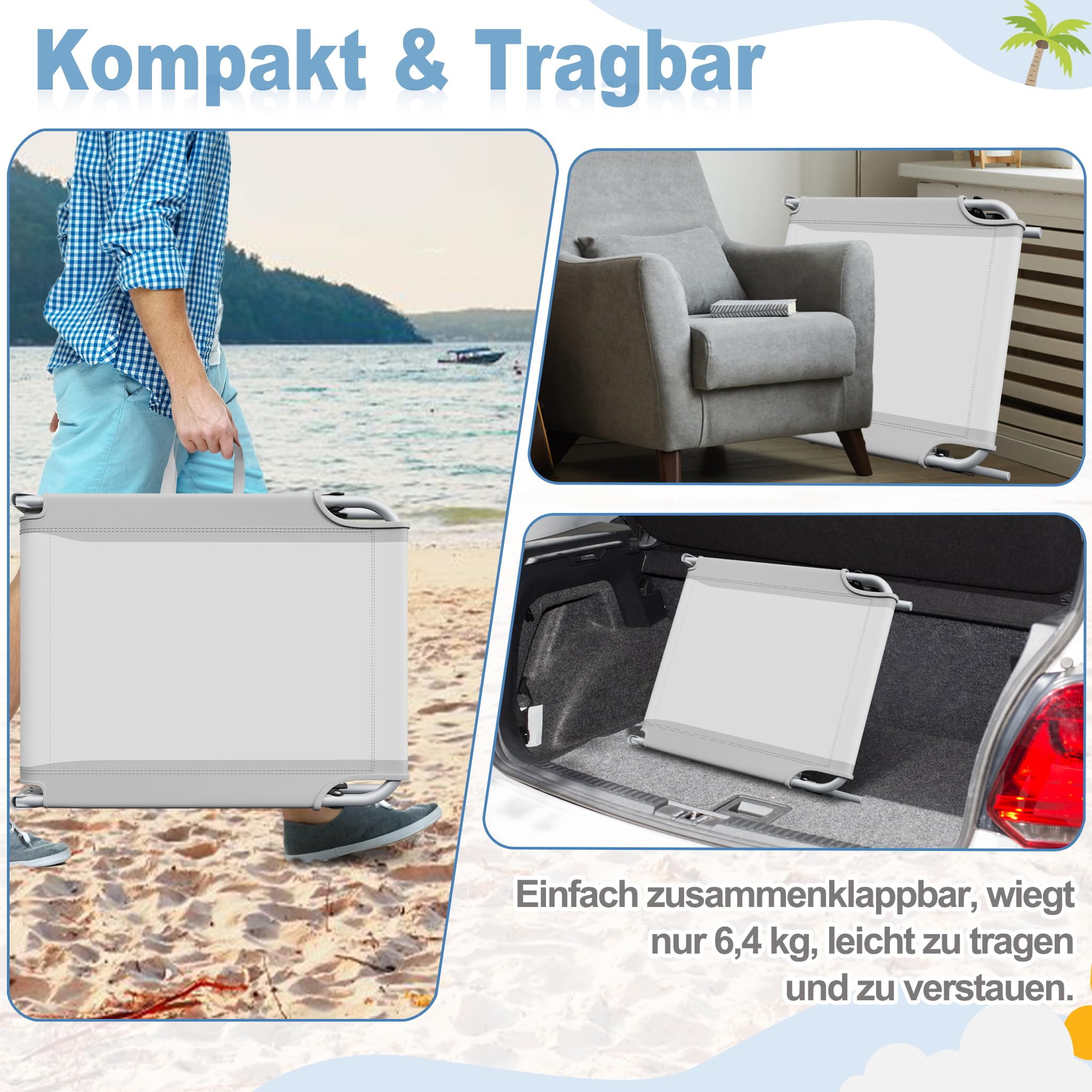 UISEBRT Faltbarer Sonnenliege 190cm – 4-Fach verstellbar Gartenliege mit Gesichtsausschnitt & abnehmbarem Kopfkissen,Liegestuhl belastbar bis 160kg mit Seitentasche für Pool Camping Terrasse,Hellgrau