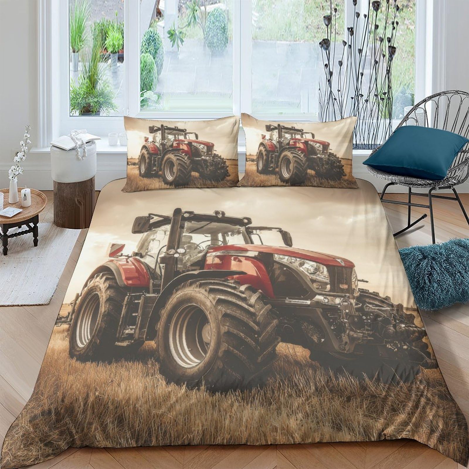 Ctjqhvkz Style-1 3D Printed Red Tractor Fitted Sheet Microfiber Anti-Slip Rustic Farm Mattress Cover For Bedroom Guest Room Decor Single（135X200cm）