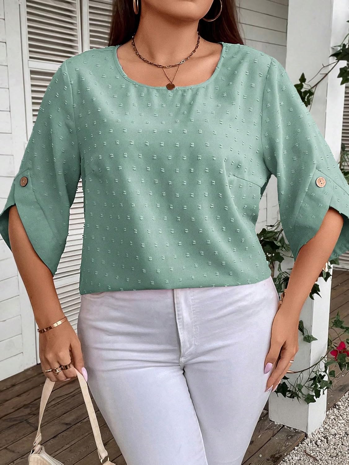 WDIRARA Women's Plus Size Swiss Dots Round Neck Button 3/4 Sleeve Blouse Casual Top Mint Green 0XL - Image 4