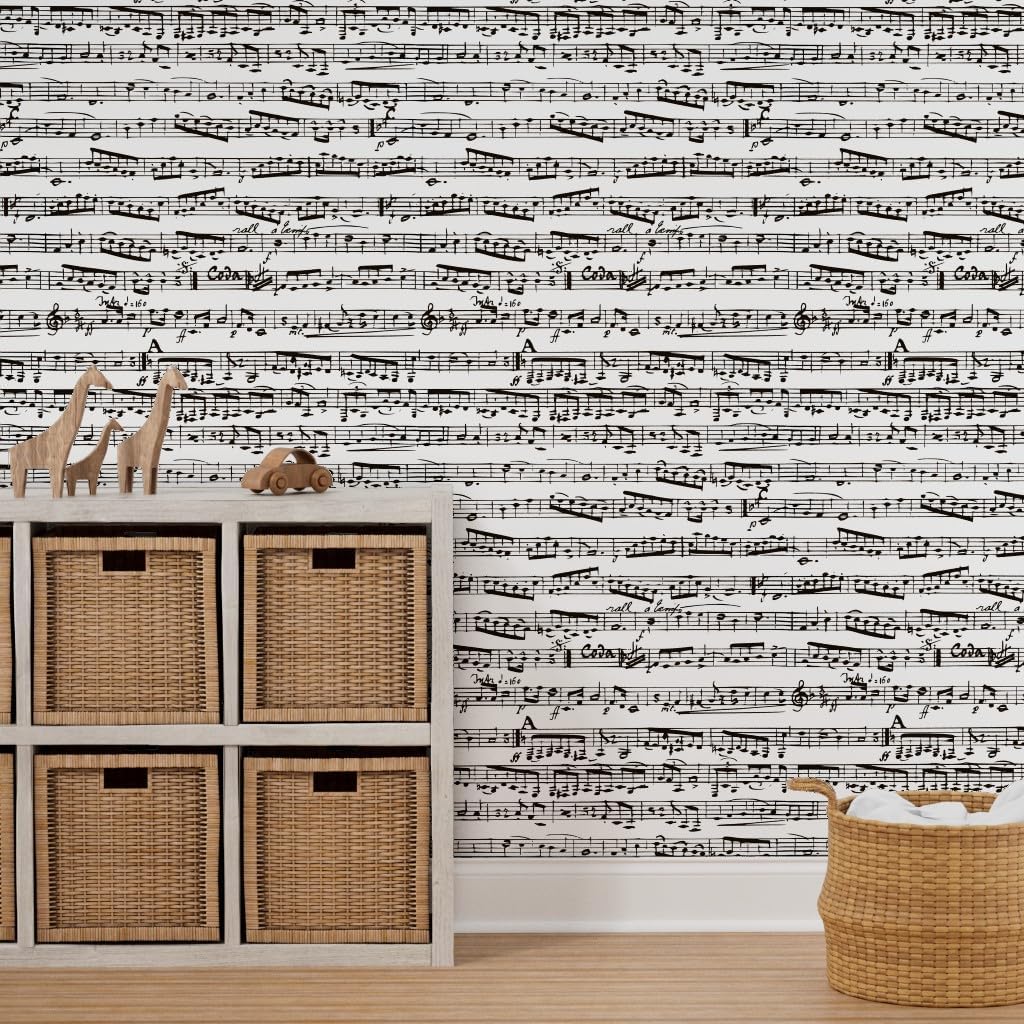 Spoonflower Peel & Stick Wallpaper 6ft x 2ft - Black White Music Notes Large Musical Musician Piano Custom Removable Wallpaper