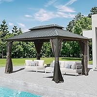 Vista 25 de Domi Gazebos de techo rígido de 12 x 14 pies, cenador de metal de aluminio con toldo de doble techo de acero galvanizado, cortina y red, pabellón