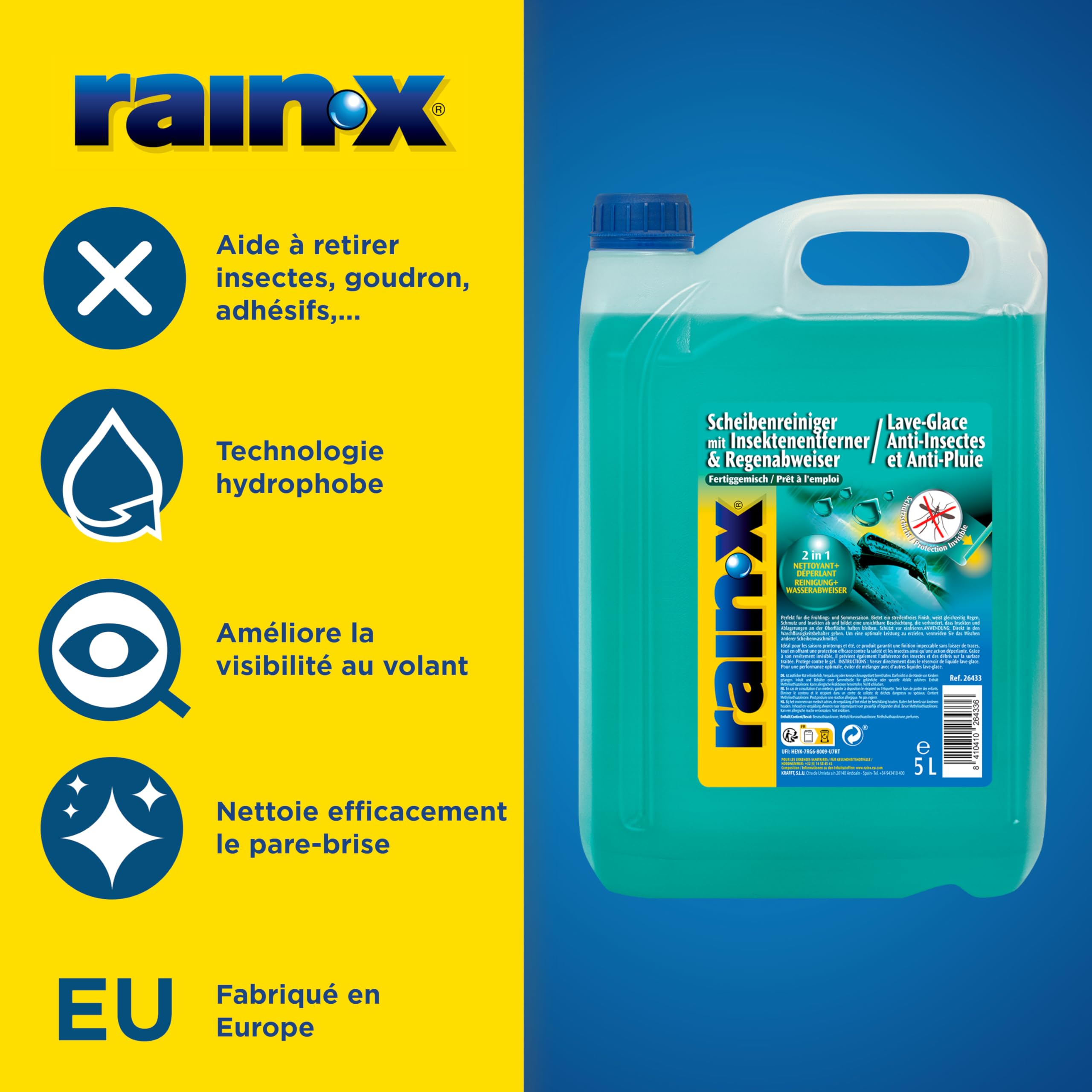 Rain-X Lave-Glace Anti-Insectes et Anti-Pluie – Nettoyage Efficace, Protection Durable et Visibilité Optimale pour Un Conduite en Toute Sécurité – 5L, Vert