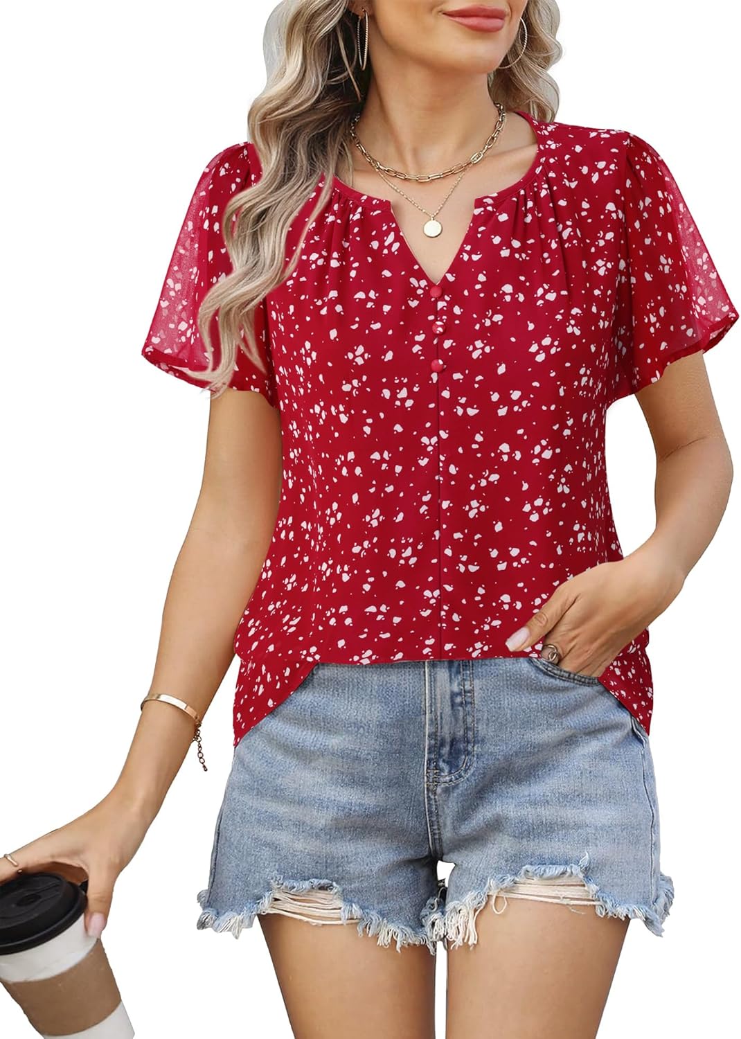 Furnex Women's Short Sleeve Floral Tops Double Layers Chiffon Blouses Office Work Shirts - Image 4