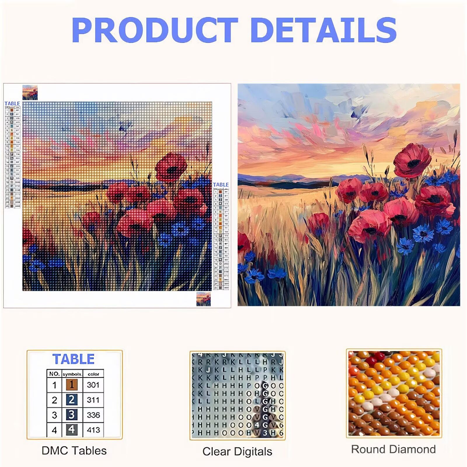 5D Diamond Painting Kit Completo, Diamond Painting Fiore DIY Hobby Creativi Adulti Pittura Diamante Strass Mosaico Kit per Bambini Principianti, Decorazioni Casa Parete Campo di grano 70x70cm FX#631
