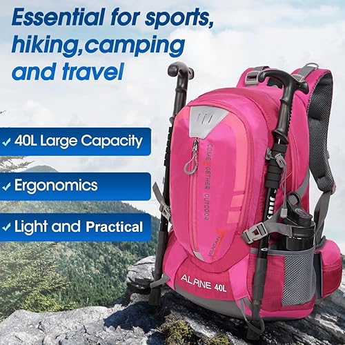 Miniatura 7 de Mochila de senderismo para acampar de 40 litros, mochila de viaje ligera con cubierta para lluvia para mujeres y hombres (rosa)