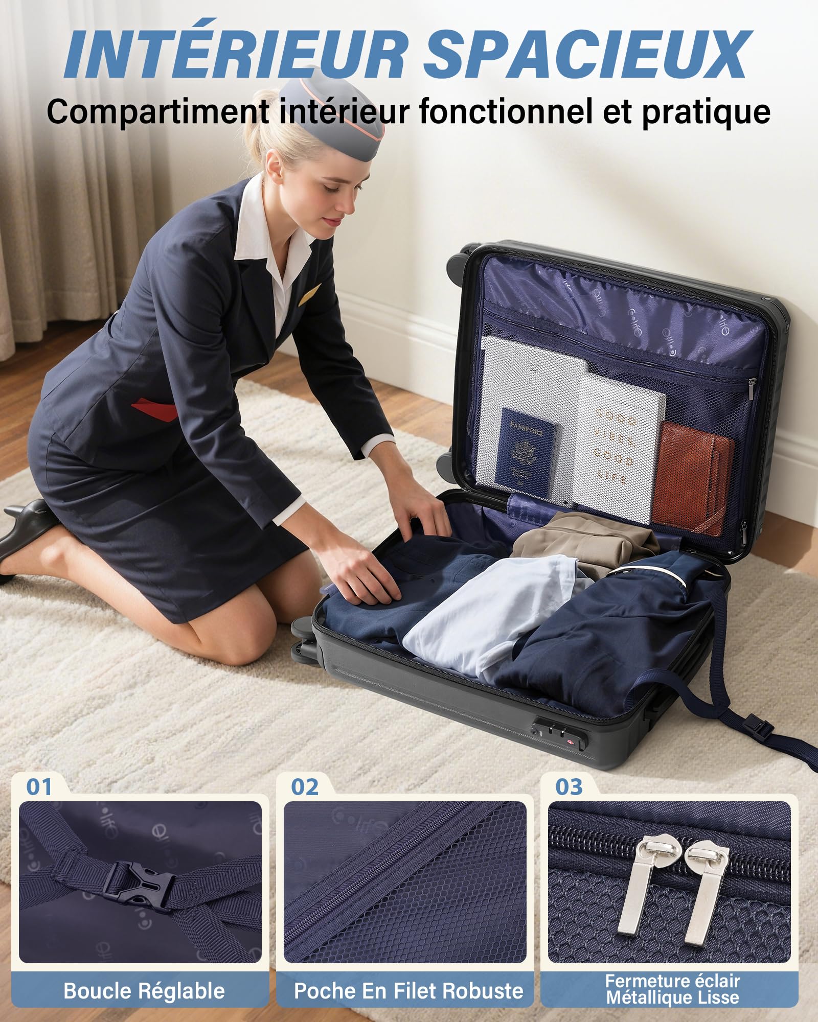 COOLIFE Ryanair Valise Cabine 55x35x20 40x20x25 20L Bagage à Main Rigide Serrure TSA 4 Roulettes Jumelées