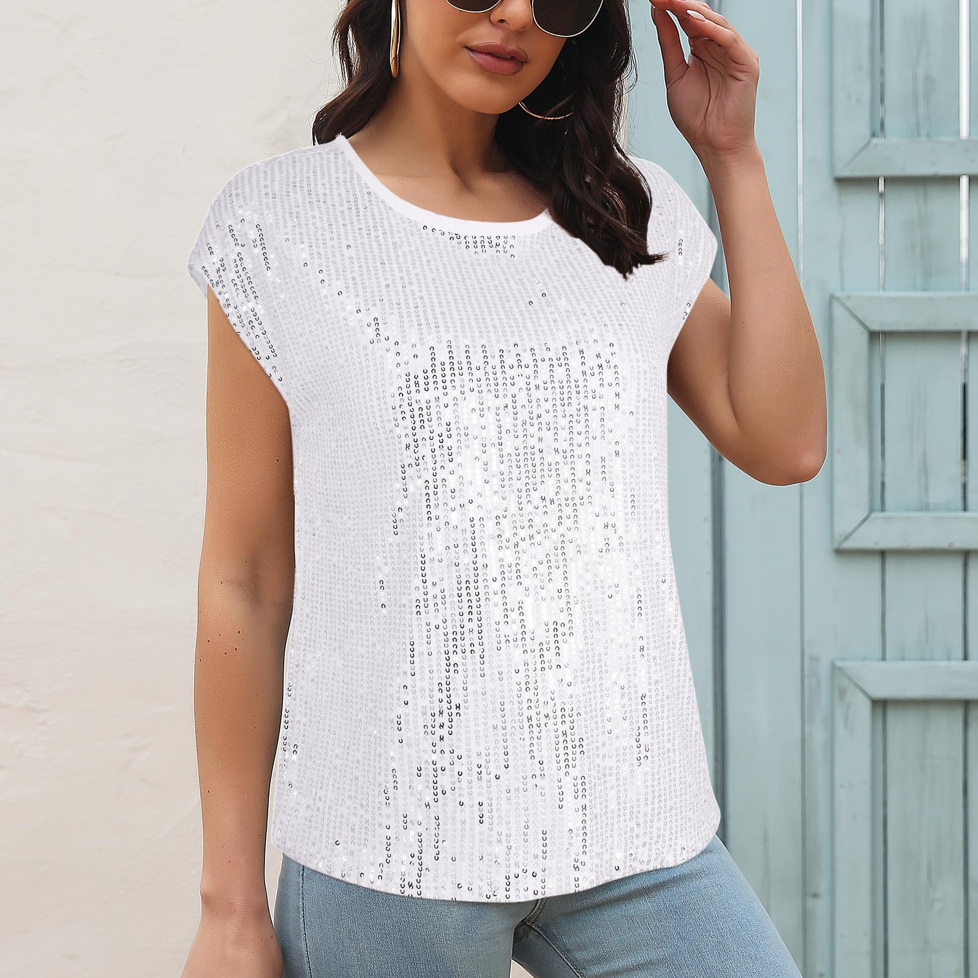 Naimo Haut à paillettes pour femme - Manches courtes - Col rond - Élégant - Pour fête, cocktail