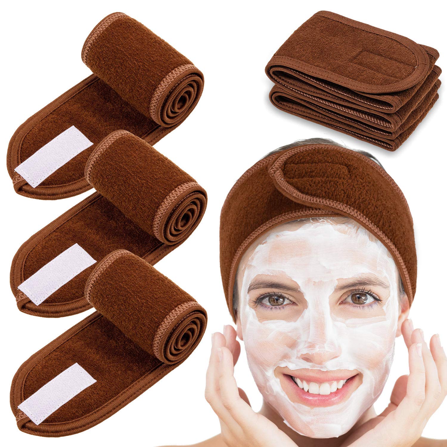 WhalineSpa Facial Headband Whaline 4 Packs Head Wrap Terry Cloth Headband Adjustable Stretch Towel for Bath, Makeup and Sport (Brown)