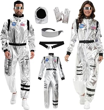 Akokvlar 5Pcs Adult Astronaut Costume Silver Spaceman Suit for Men Women Halloween Cosplay Set