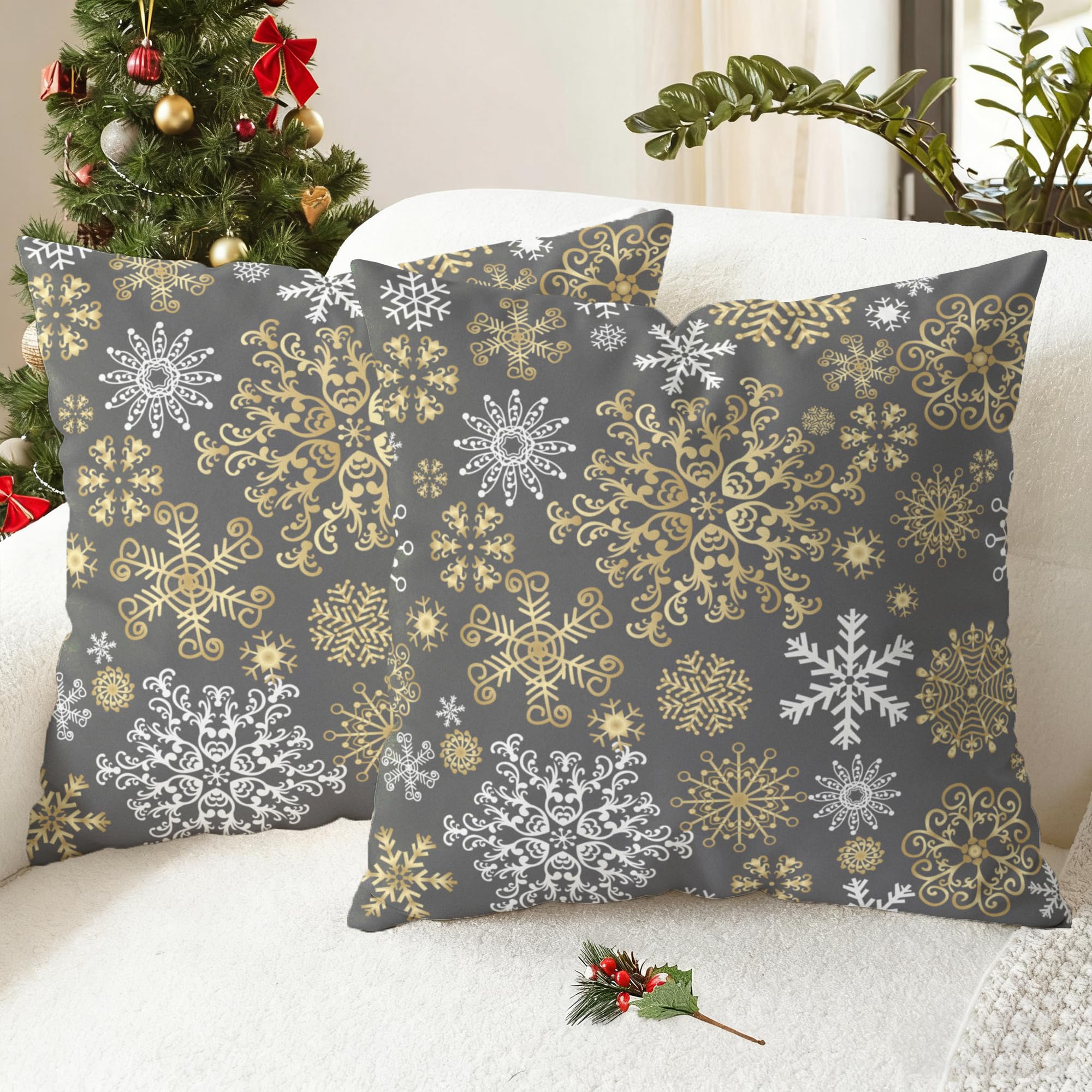 CaliTime Cushion Covers Pack of 2 Cozy Fleece Throw Pillow Cases Covers for Couch Bed Sofa Christmas Snowflakes Both Sides 40cm x 40cm Medium Grey — image 1