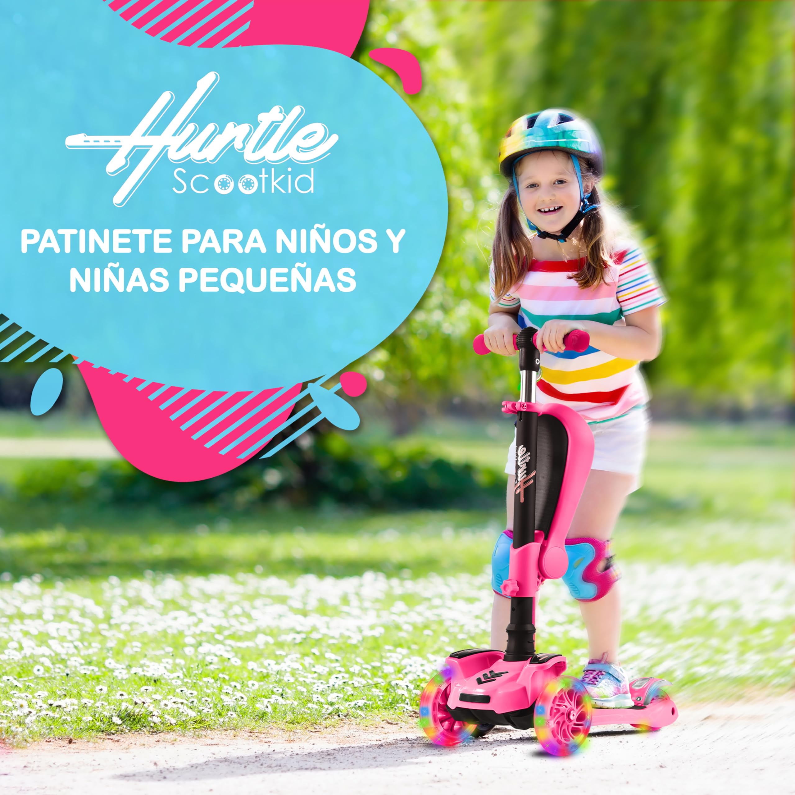 Hurtle Patinete, Scooter para niños, 2 años en adelante, Asiento abatible, Altura Ajustable, Monopatin 2 en 1, Luces Intermitentes