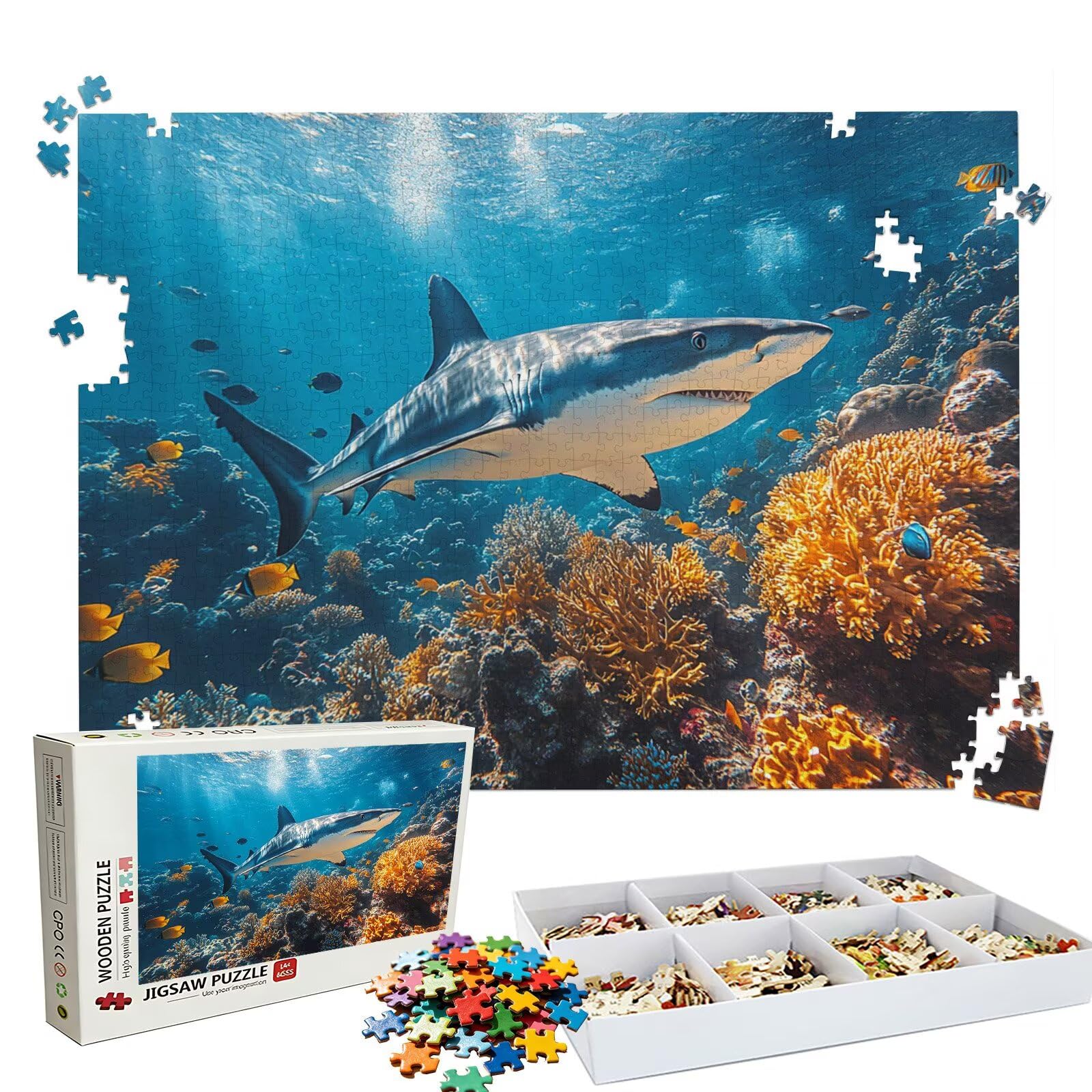 Puzzle 1000 elementów, puzzle 1000 elementów dla dorosłych, trudne puzzle, aktywność antystresowa i relaks, druk w wysokiej rozdzielczości, drewniane puzzle rekina koralowego z wykwintnym pudełkiem do