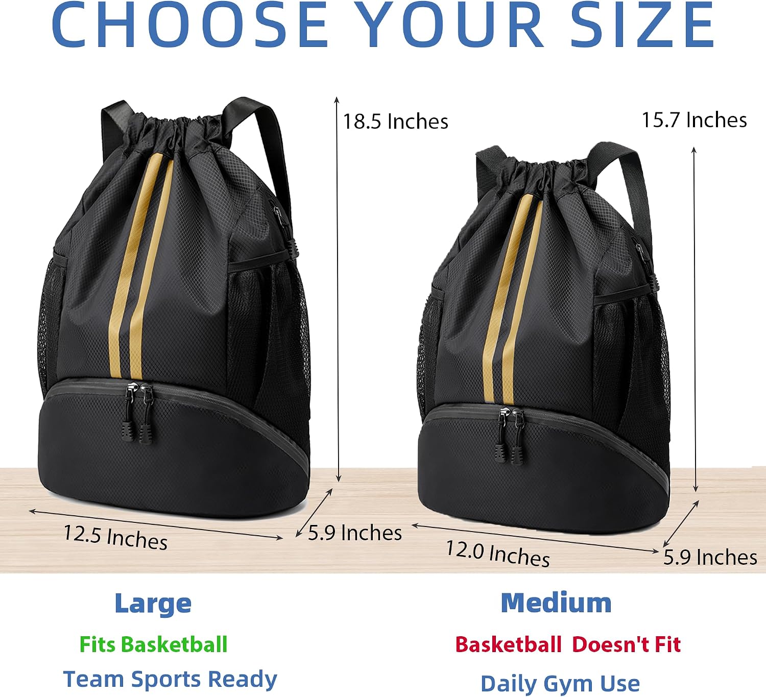 JELUTAR Drawstring Backpack Gym Bag with Shoes Pocket, Black Gold image 2