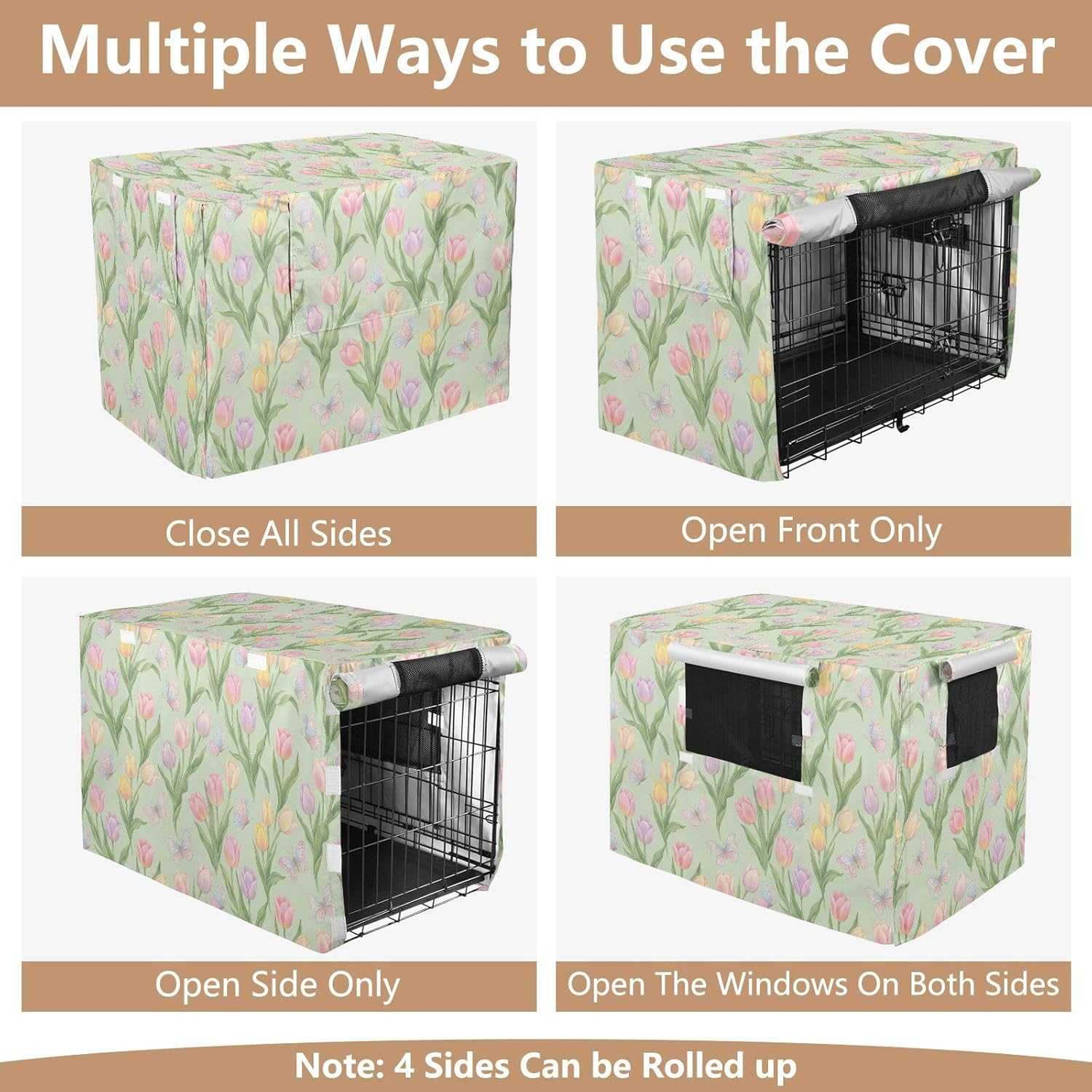 Duty 600D Silver Coated Dog Crate Cover, Water-Resistant Tulip Print Pet Kennel Canopy with Mesh Windows for Optimal Ventilation, Universal Fit for Standard Wire Cage, Indoor & Travel