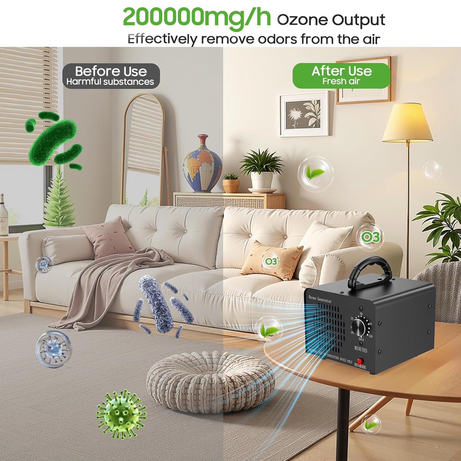 Ozongenerator-Maschine, 200.000 mg/h, hohe Kapazität, Ozon-Geruchsbeseitiger, Luftreiniger für Zuhause, Auto, Haustier- und Kellergeruch, geeignet für Räume bis zu 7.000 Quadratfuß, Schwarz