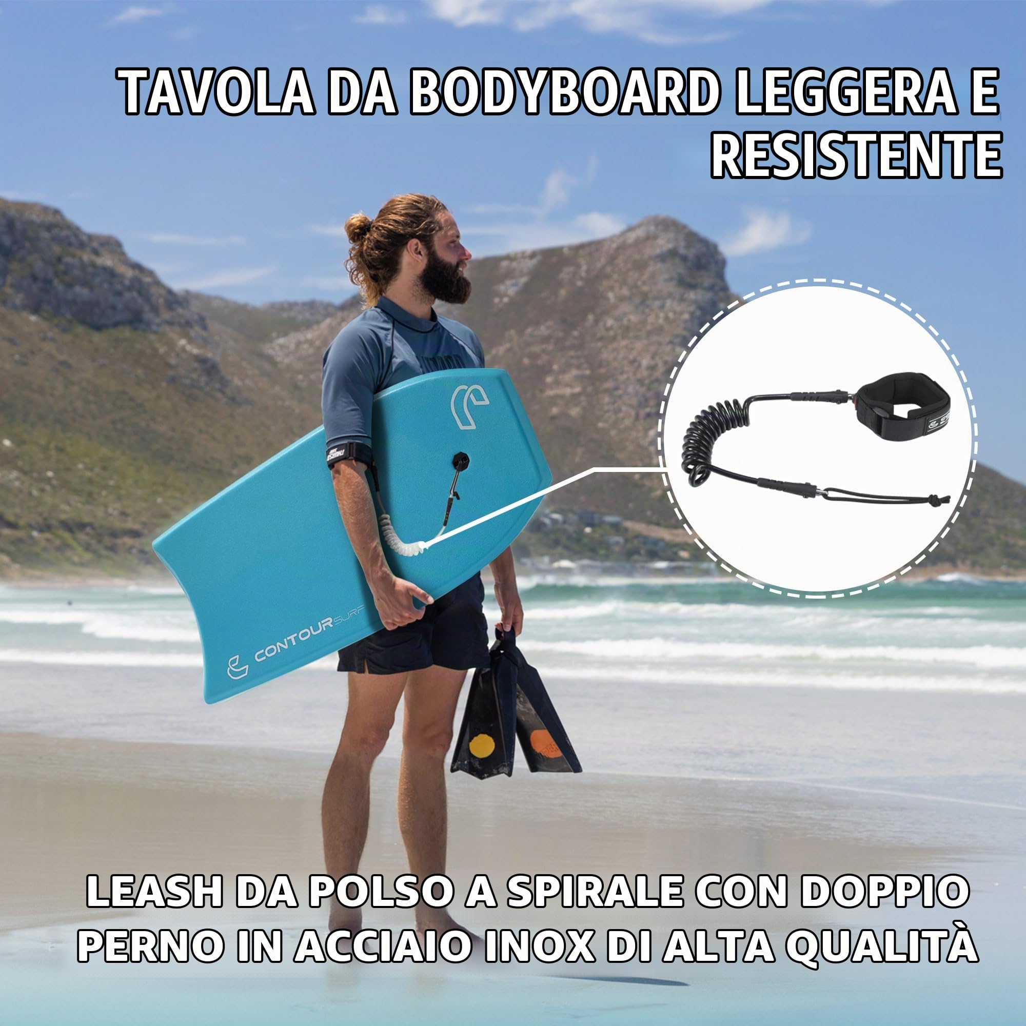 Ondulazione 39 '' Bodyboard leggero durevole EPS Core IXPE Deck HDPE Slick Bottom FRP Stringer Crescent Tail Dual Channel Plastic Mesh con doppio acciaio inox girevole a spirale polso