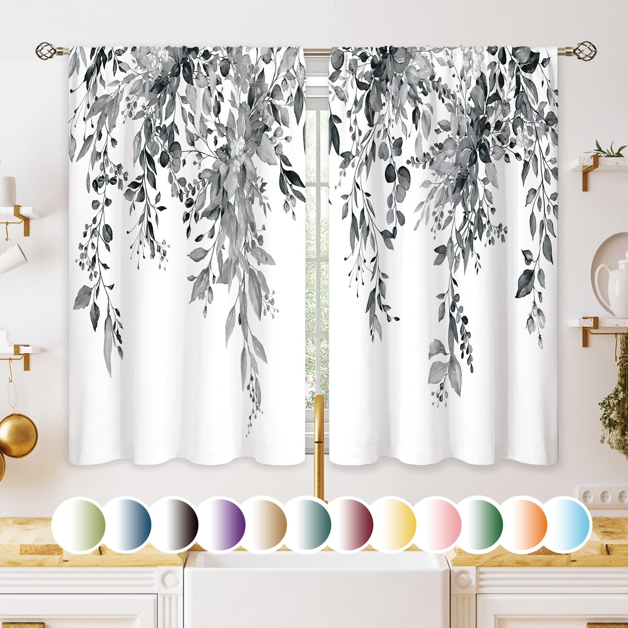 oolygoo Eucalyptus Botanical Leaves Grey Floral Kitchen Window Curtains Over Sink Farmhouse Flower Leaf Small Window Treatment Cafe Short Curtains for