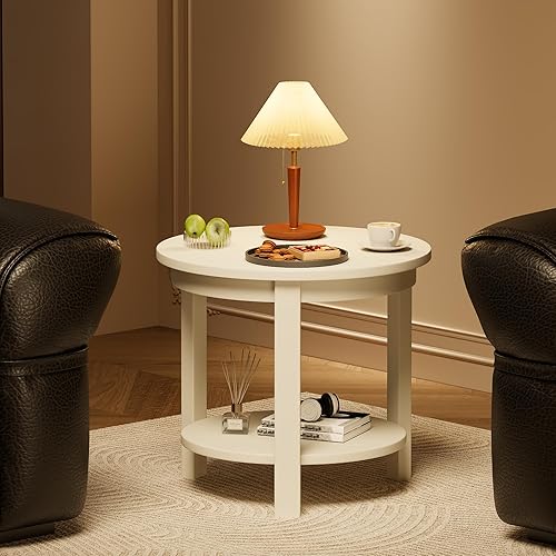 Miniatura 5 de Mesa auxiliar pequeña redonda de madera con estante de almacenamiento, mesa auxiliar de sala de estar para sofá y sofá, 22 x 20 pulgadas, mesa
