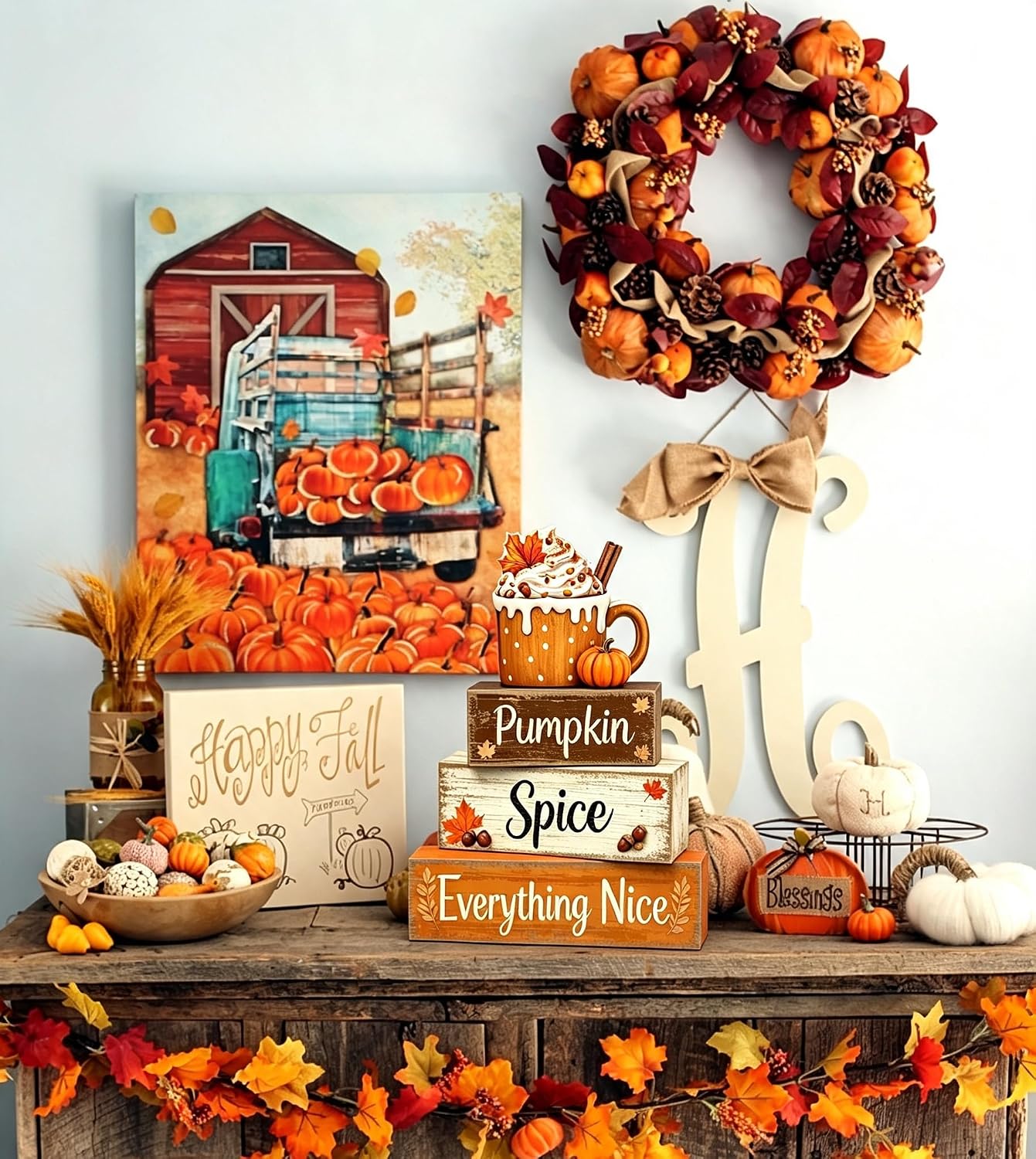 4 Pcs Pumpkin Spice Fall Tiered Tray Decor, Rustic Wooden Stacked Block Signs, 3D Pumpkin Latte Cup Topper Autumn Coffee‑Bar Table Centerpiece, Farmhouse Thanksgiving Harvest Home Shelf Decor