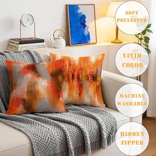 Miniatura 4 de Hexagram Juego de 4 fundas de almohada decorativas de color naranja quemado de 16 x 16 pulgadas, fundas de almohada de terciopelo suave para otoño,