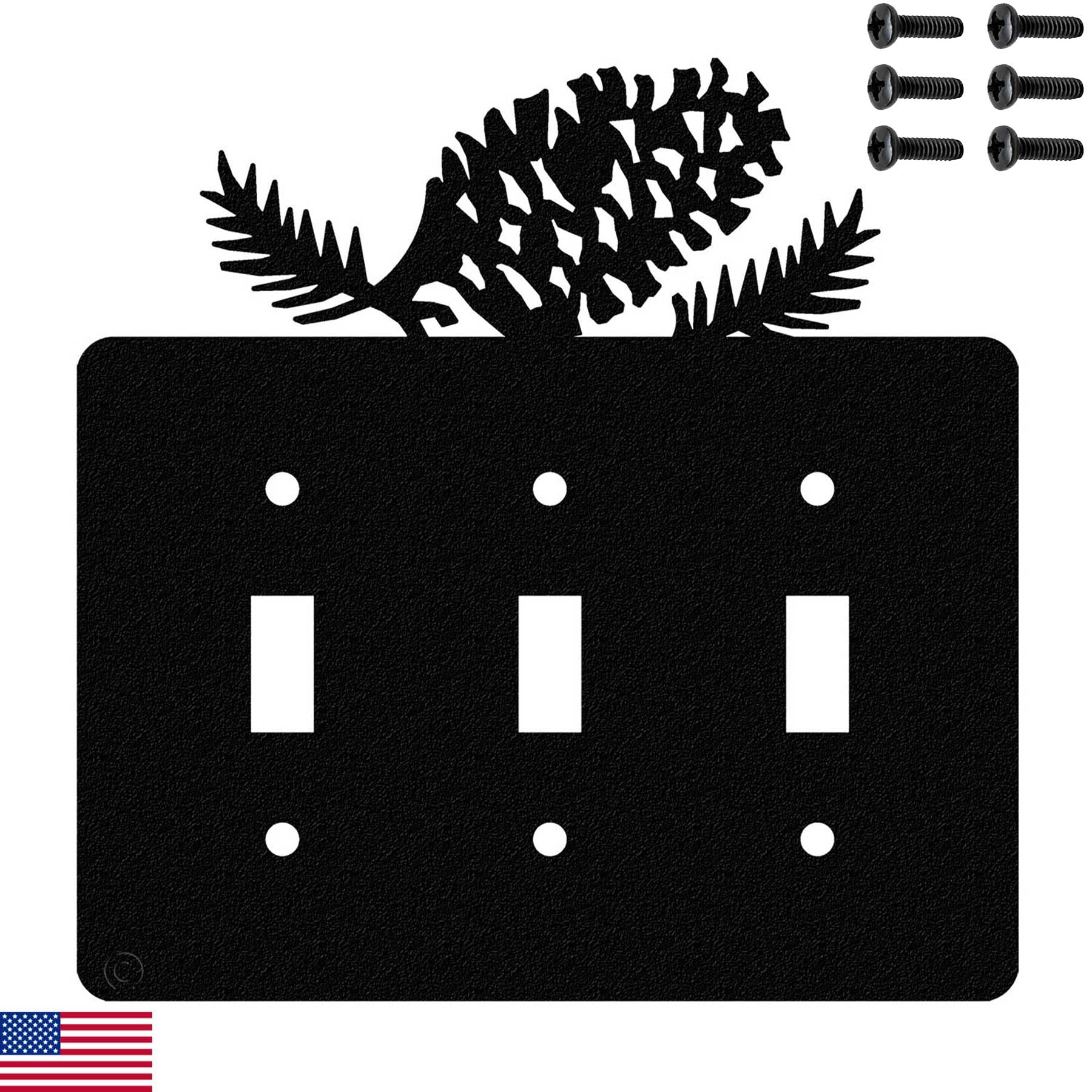 Pine Cone Triple Toggle Light Switch Wall Plate (Triple Toggle, Black) - MADE IN USA