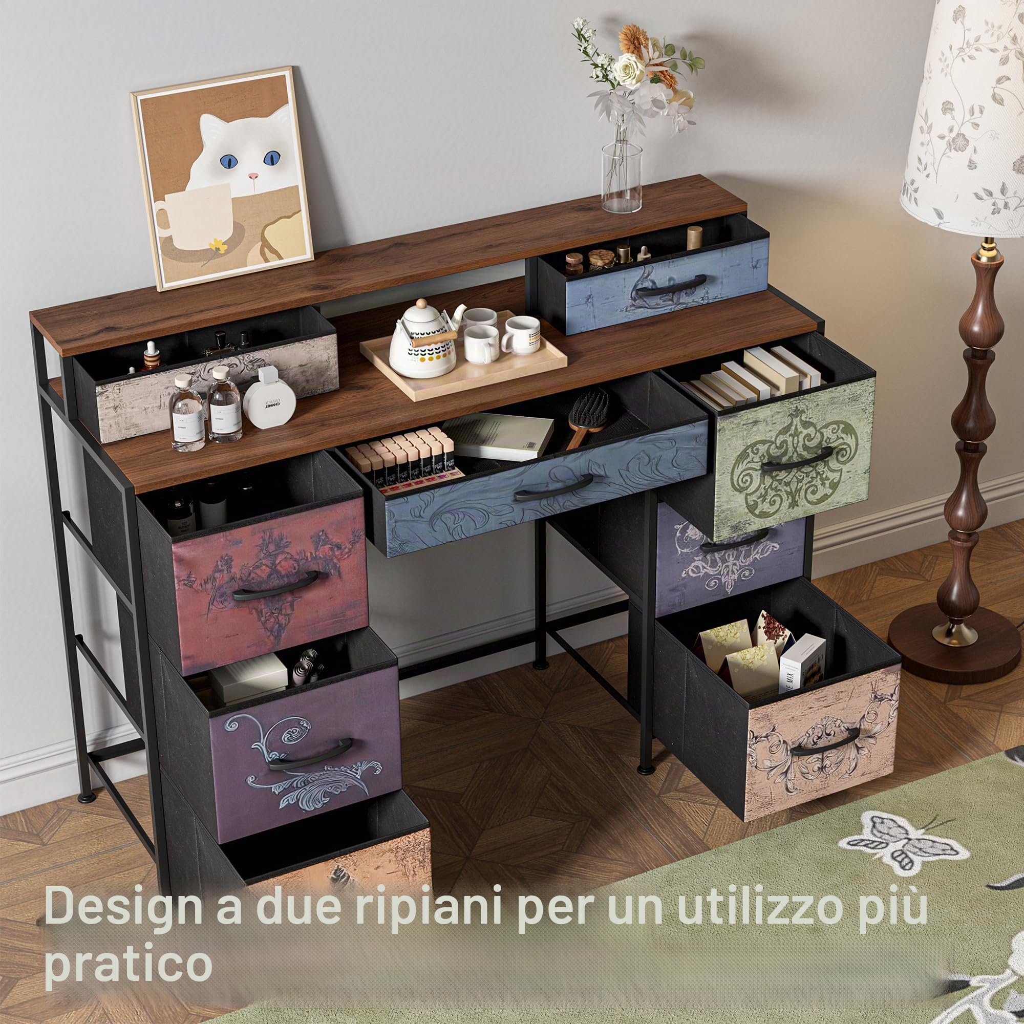 Tavolo da toeletta in legno con 8 cassetti, scrivania con cassetto e deposito in stile industriale, tavolo da trucco vintage senza specchio, mobile multiuso per camera da letto o ufficio (legno, 121 x
