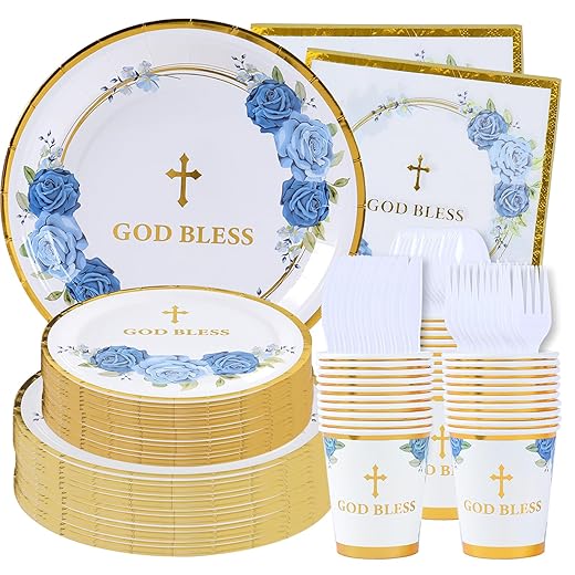 Baptism plates and napkins party supplies, baptism plates and napkins boy, first communion plates and napkins for boys, confirmation plates and napkins, religious party plates 24 guests (Blue)