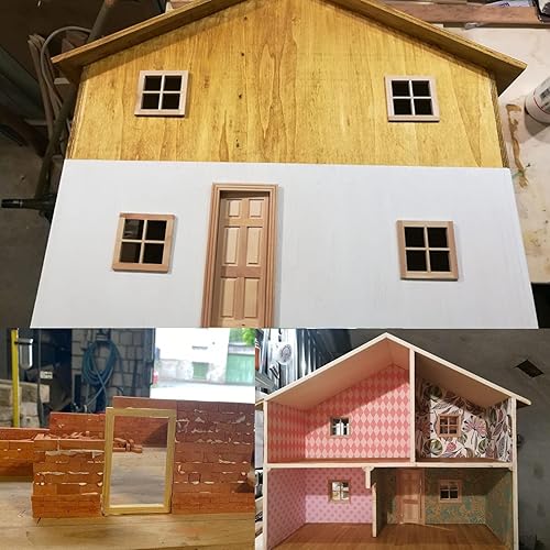 Miniatura 7 de Cayway 2 ventanas para casa de muñecas, 1 puerta de madera en miniatura, marco de ventana a escala 112 para casa de muñecas o accesorio de ciudad