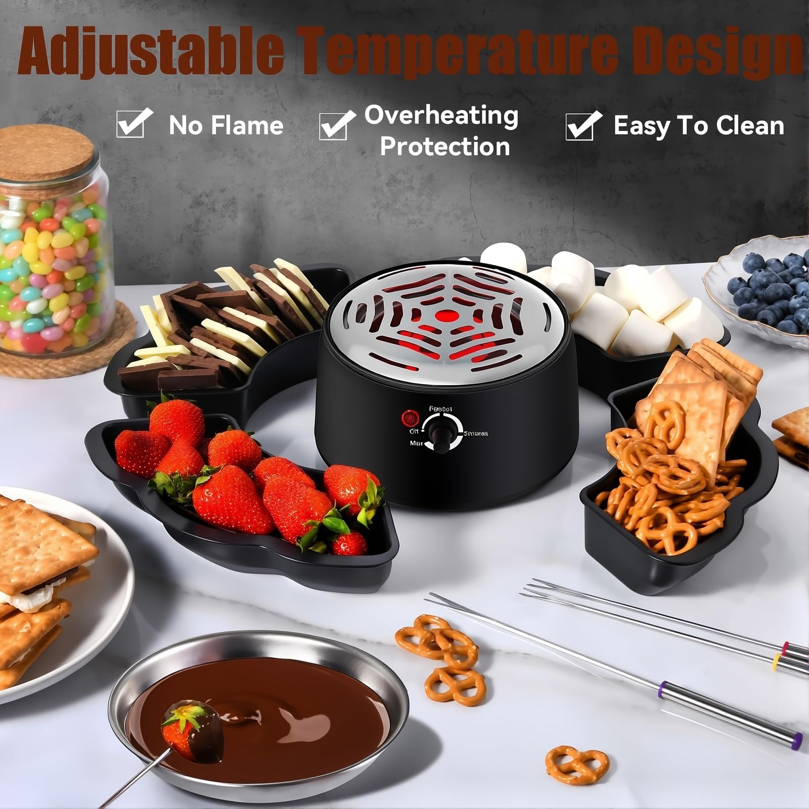 Kit de tostado de malvavisco con fondue de chocolate, cuenco de 340 ml, temperatura ajustable, protección contra sobrecalentamiento, incluye accesorios, fácil de limpiar
