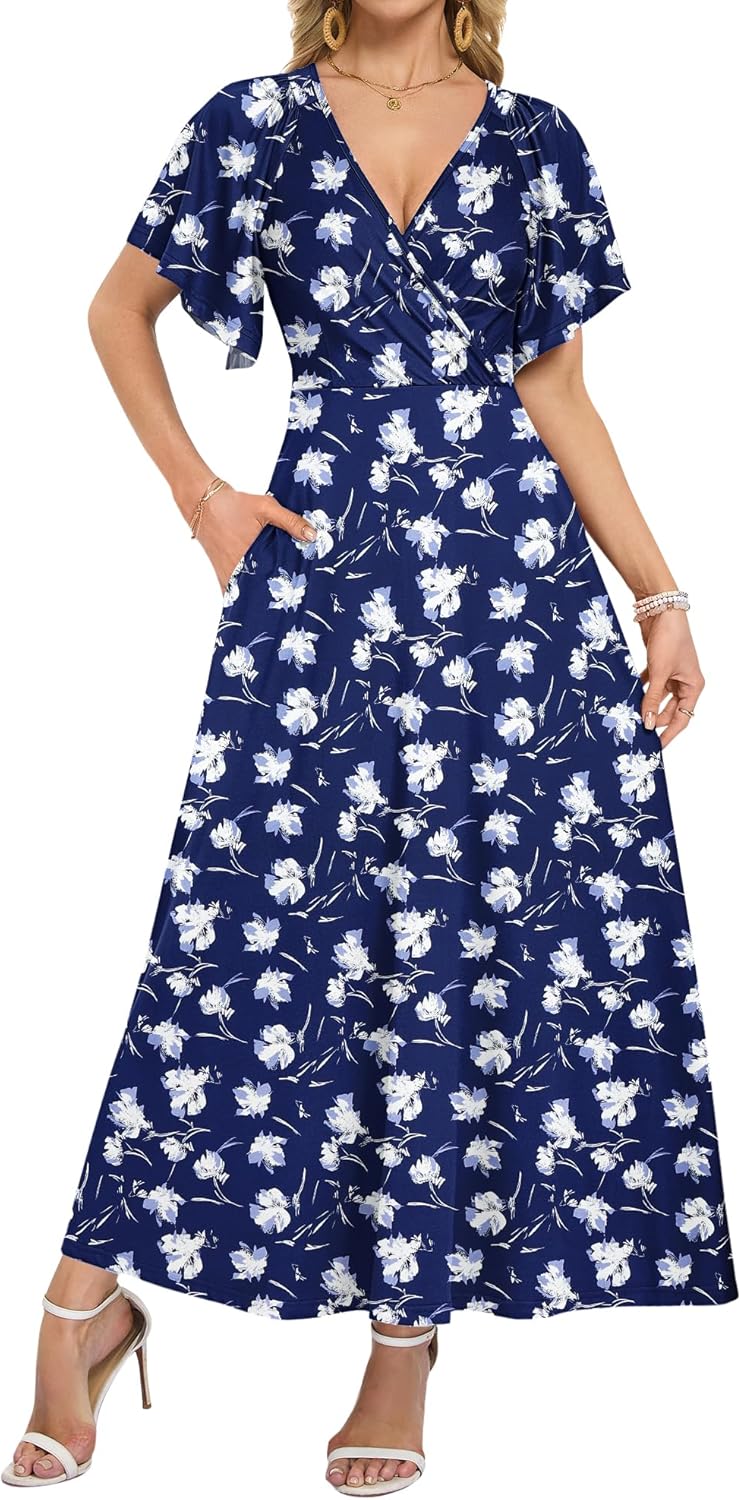 AUSELILY Maxi Dresses Women 2026 Summer Wrap Long Flowy Dress Ruffle Sleeve Deep V Neck Formal Dress with Pockets
