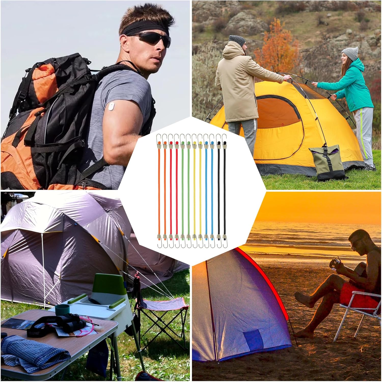 12 Pack Mini Bungee Cords with Hooks, 10 Inch Short Bungee Cord Multicolor Rubber Bungees Straps for Bikes, Camping, Tools, Tarps and Cargo, Hang Christmas Ornaments（6 Colors）