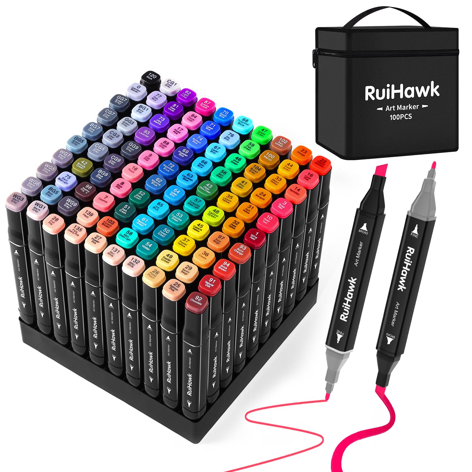 RuiHawk Rotulador de 100 Colores, Rotulador Doble Punta 2S Secado Rápido, Rotuladores Alcohol Permanent con Bolsa de Almacenamiento y Espaciador para Bocetos, Cómics, Colorear, Ilustrar, Esbozar
