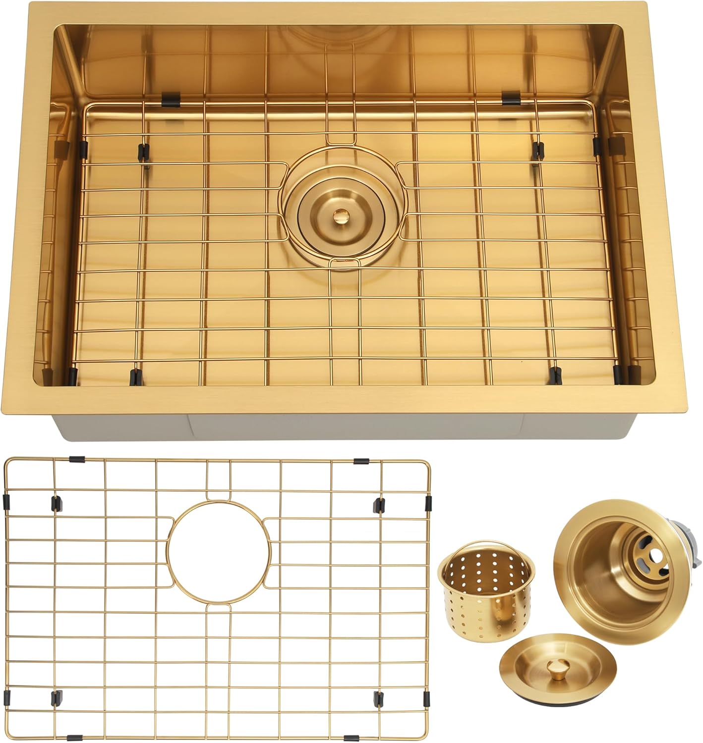 Kitsitchen Gold Kitchen Sink,SUS304 Stainless Steel RV Undermount Kitchen Sink with Strainers & Bottom Gird, 23" x 16" x 7" Single Bowl Kitchen Sinks,7 inch Depth for RV, Outdoor,Bathroom,Camper