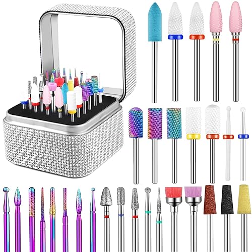 Juego de 30 brocas de uñas con soporte, brocas de uñas de 332 pulgadas para uñas acrílicas, brocas de carburo de diamante de cerámica para cutículas