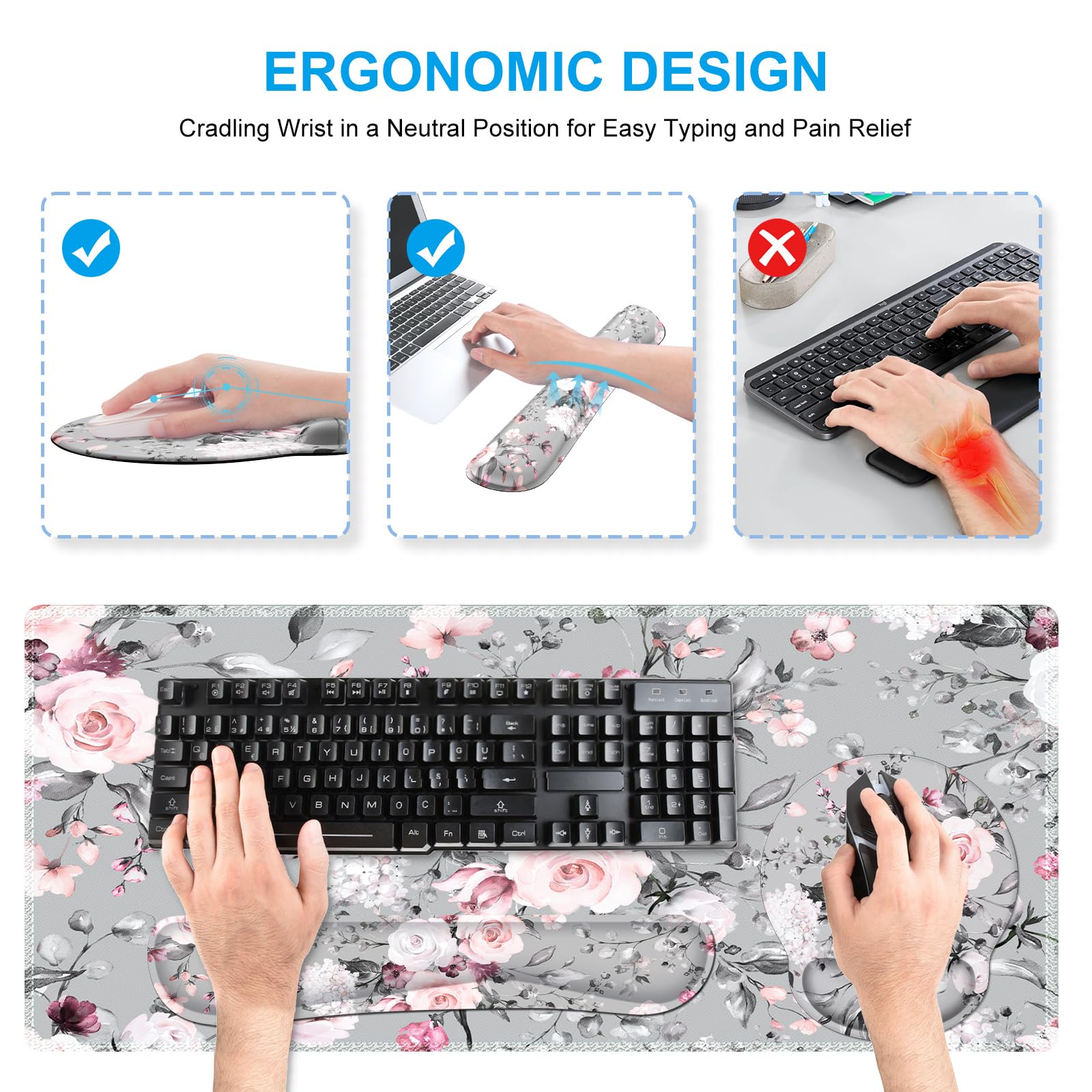 iCasso – Ensemble de tapis de souris gaming grand format 4 en 1 : tapis de souris XXL, repose-poignet pour clavier, repose-poignet pour souris et sous-verre, avec design ergonomique (Pink Floral)