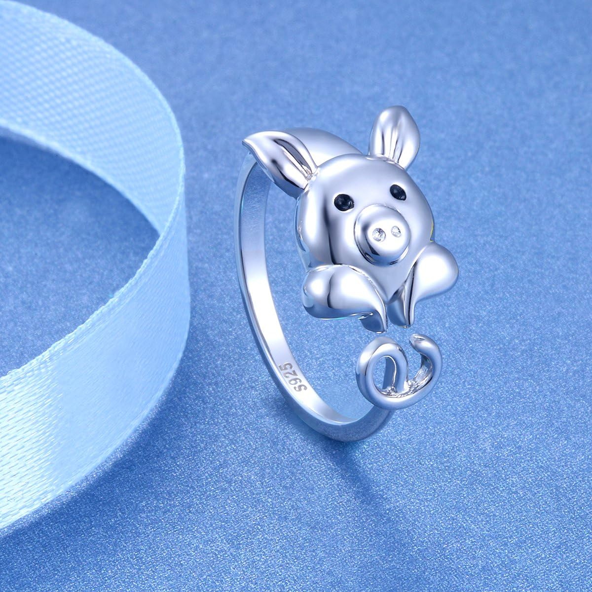 FLYOW 925 Sterling Silver Adjustable Animal Rings for Women Lucky Elephant Cute Pig Ring Cat Paw Love Heart Wrap Open Ring Birthday Gifts - Image 2