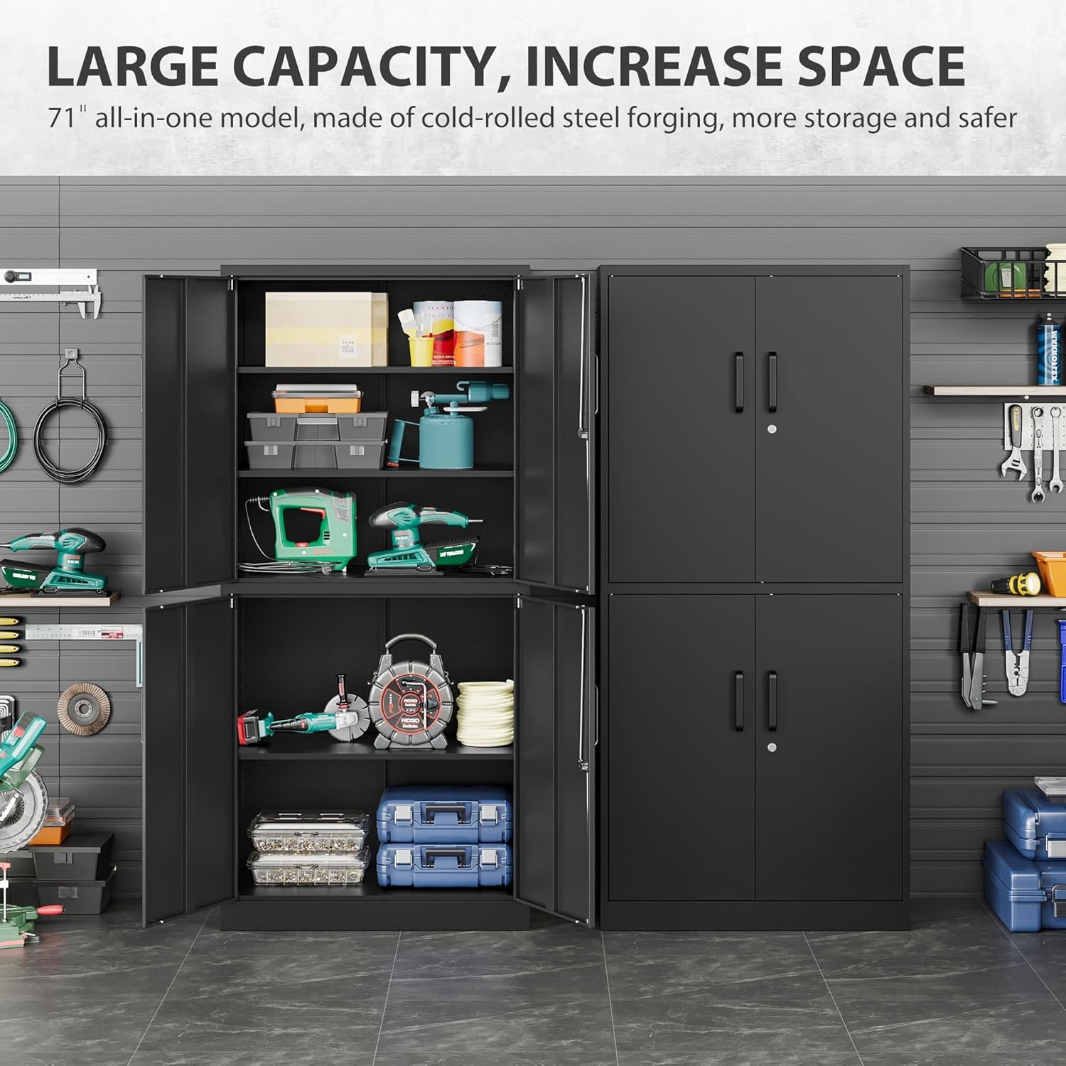 Metal Storage Cabinet with 3 Adjustable Shelves and 4 Doors,71" Garage Storage Cabinet with Lock,Black Metal Cabinets with Locking Doors,Steel Tool Cabinets,Lockable Cupboard for Home,Office,Garage