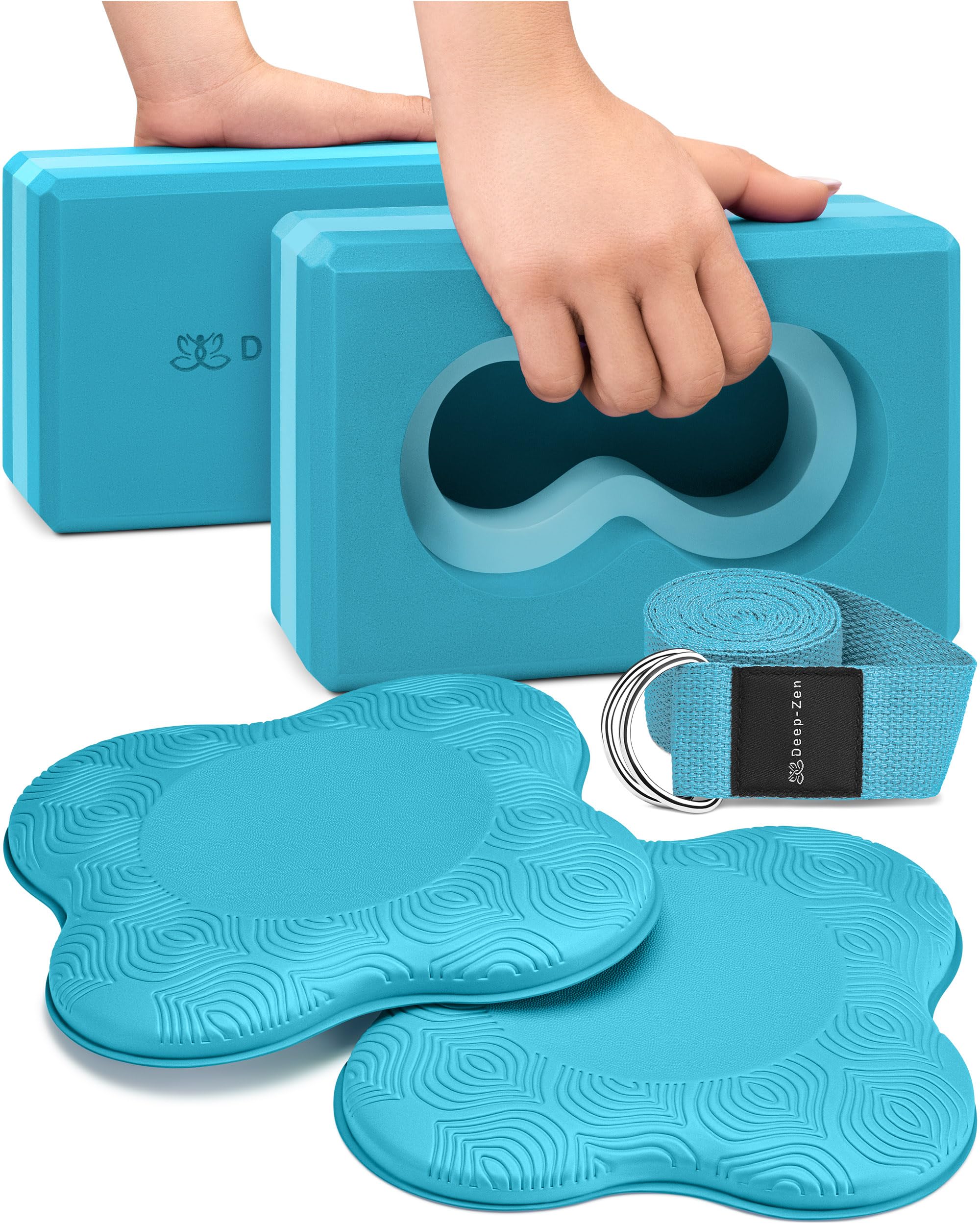 Yoga Blocks Wrist Support; Yoga Blocks 2 Pack with Knee Pads and Strap to Put Less Weight on Wrists; Durable, Versatile Yoga Brick Exercise Block Set, Blocks Yoga (Blue)