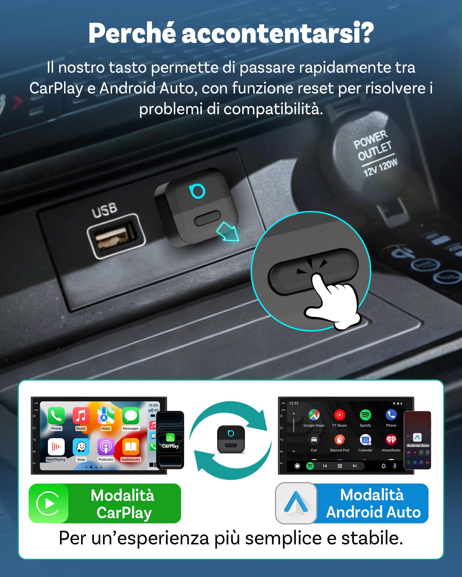 OTTOCAST Mini Pico Adattatore Wireless CarPlay e Android Auto, Trasforma CarPlay cablato in wireless, Passaggio con un tocco tra 2 telefoni, Riconnessione automatica rapida, WiFi 6, Bluetooth 5.4
