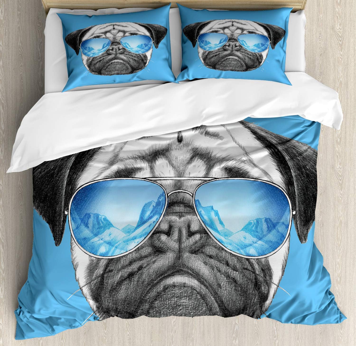 Ambesonne Pug Duvet Cover Set, Dog Portrait Mirror Sunglasses Hand Drawn Illustration of Pet Animal Funny, Decorative 3 Piece Bedding Set with 2 Pillow Shams, Queen Size, Black Pearl Blue
