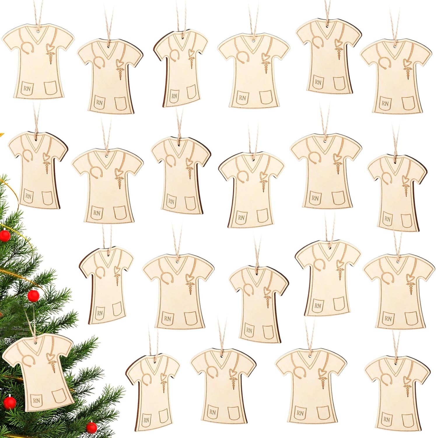 20 Pcs Christmas Nurse Ornament Wooden Nurse Ornament, DIY Nursing Appreciation Gifts for Women, Personalized Nurses Scrubs Hanging Ornaments for Women Nurses, Doctor, Physician Assistant