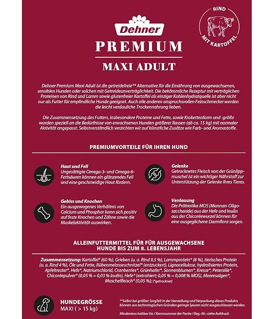Foto 3 de 4 de Dehner Comida para Perros Premium Maxi Adulto, sin Cereales, para Perros Adultos de Razas Grandes