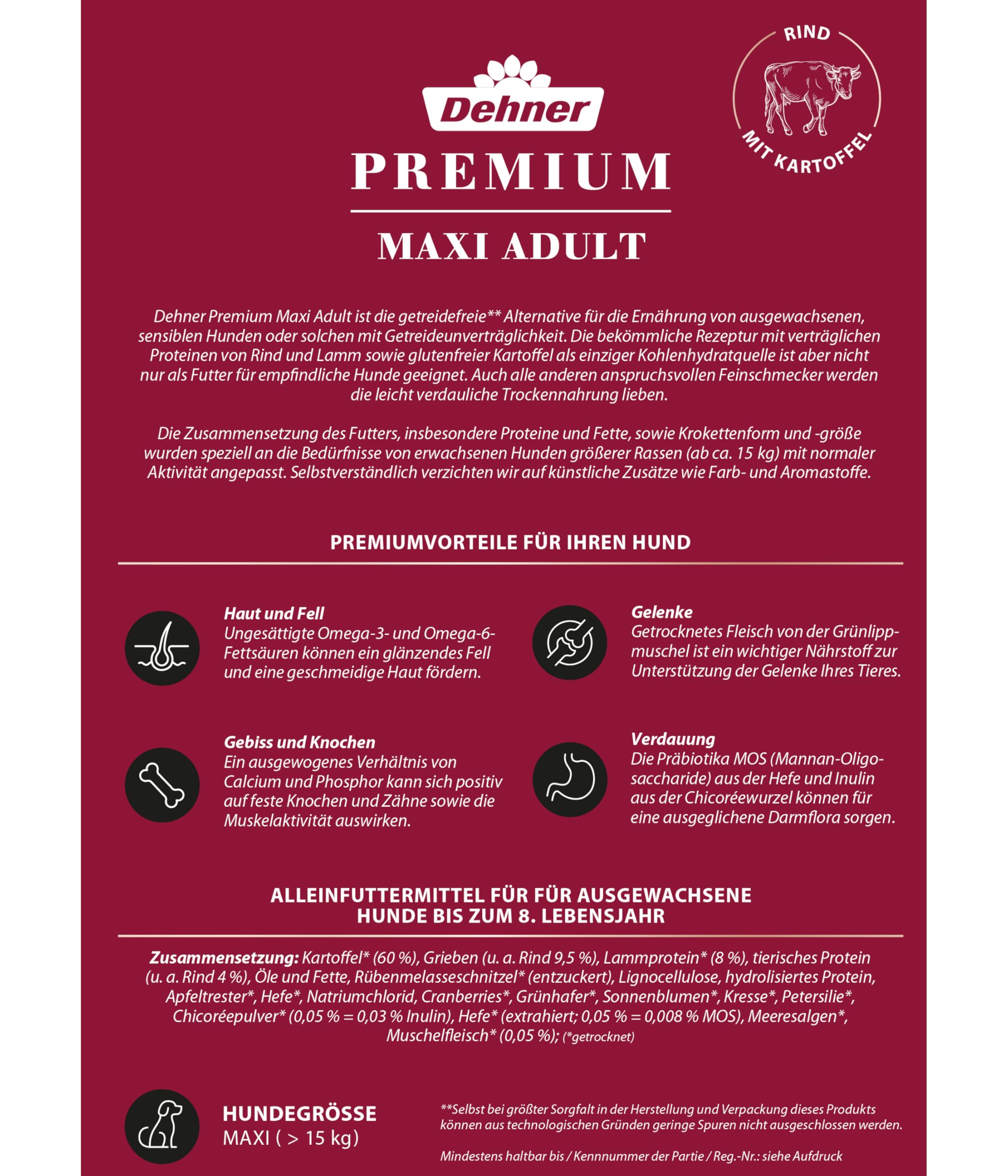 Dehner Comida para Perros Premium Maxi Adulto, sin Cereales, para Perros Adultos de Razas Grandes, Carne de Vacuno, Cordero, Patata, 12,5 kg | Sin cereales, con patatas, para perros adultos de razas grandes
