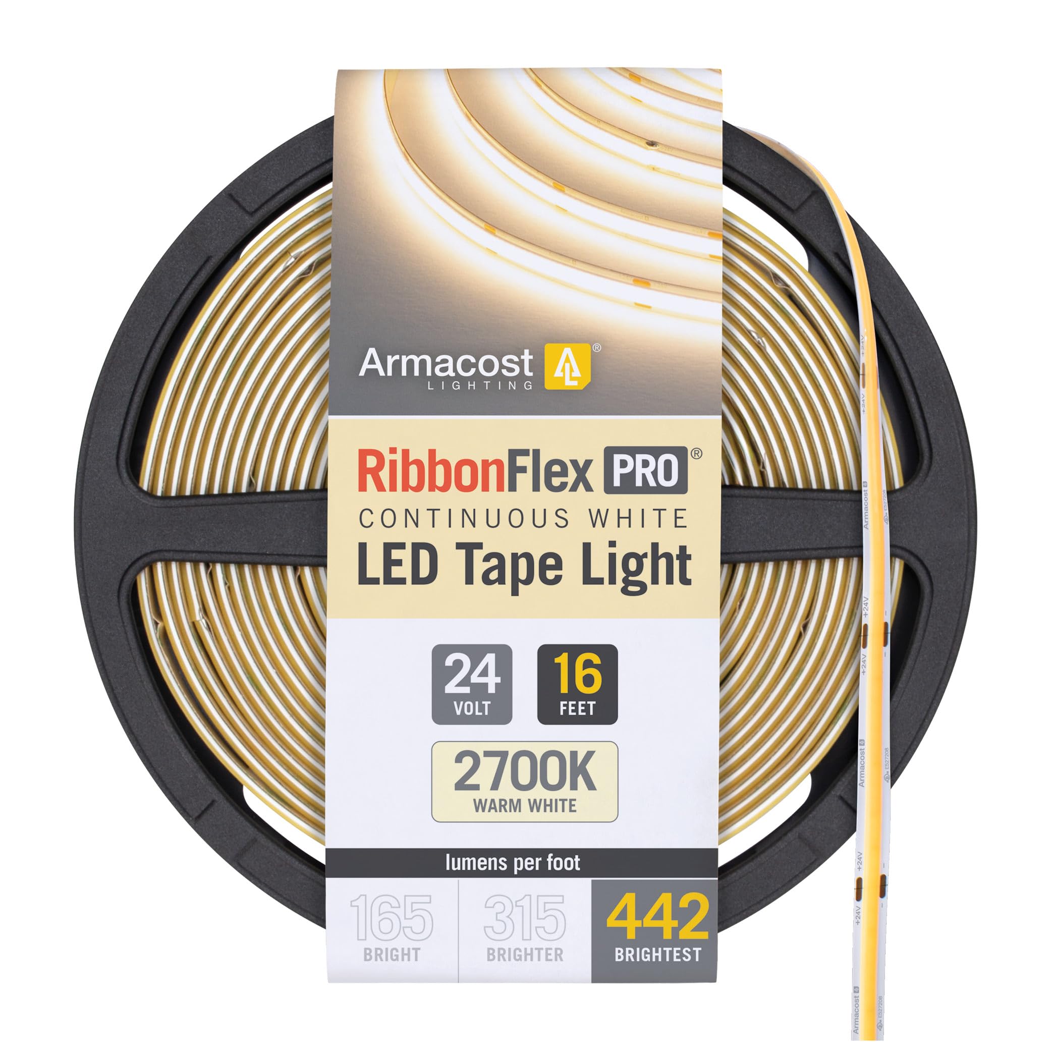 Armacost Lighting RibbonFlex Pro 24V White COB LED Strip Light Tape 2700K, 442 Lumens/Ft, 5M 173130