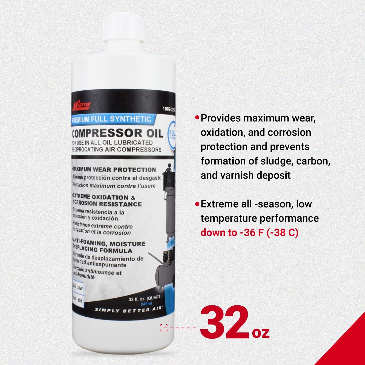 Milton 1002-32S Premium Full Synthetic Air Compressor Oil ISO-100-32 oz.