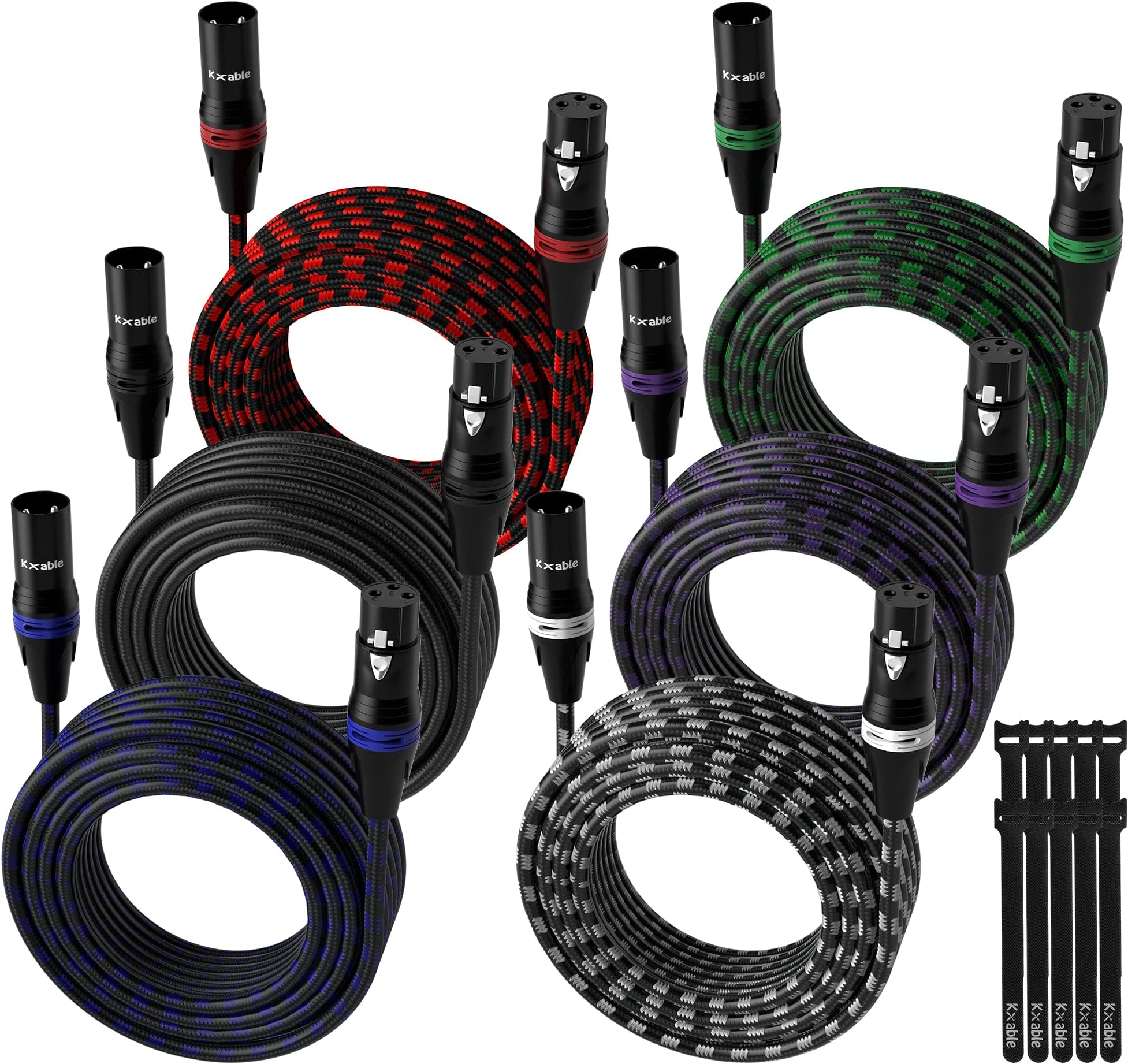 XLR Microphone Cable 2 Feet (6 Pack, Multi Colors), Nylon Braided Patch Cable, 3 pin Shielded Balanced Male to Female Mic Cord for Amplifier, Recording Studio, Mixer with 10 Cable Ties- 2FT/6PK