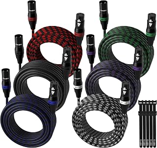 Long XLR Microphone Cable 15 Feet (6 Pack, Multi Colors), DMX Stage Lighting Patch Cable, 3 pin Shielded Balanced Male to Female Mic Cord for Amplifier, Recording Studio, Mixer with 10 Ties- 15ft, 6PK